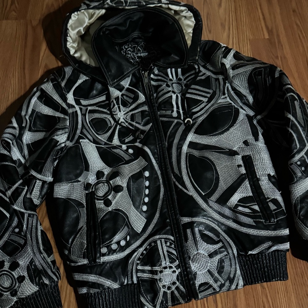 Bubble Well Vintage NY USA Leather‎ Stitched Hooded Bomber Jacket Streetwear Y2k